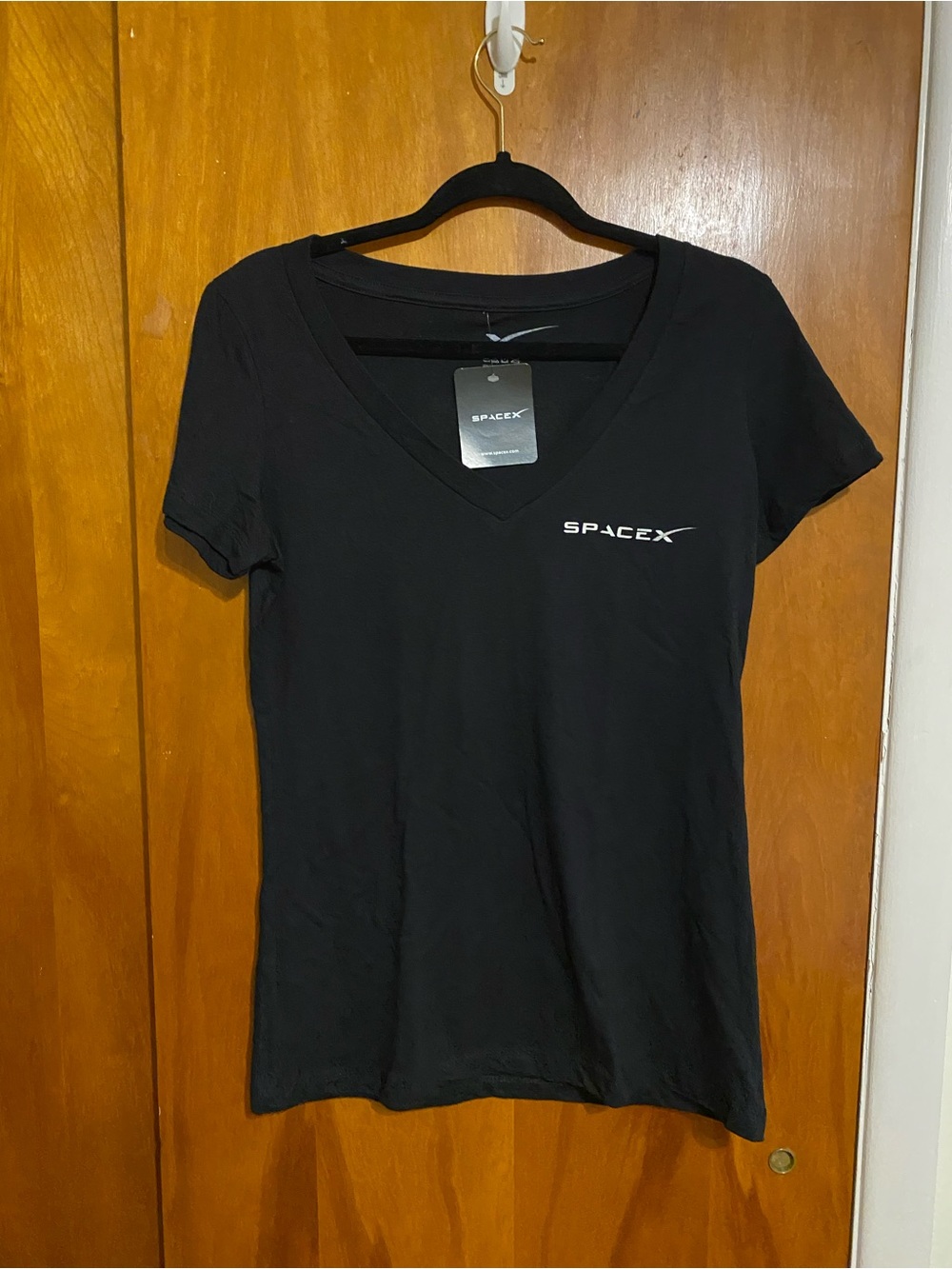 Women's Black V-Neck Short Sleeve Space X w/Symbol of Clover T-Shirt Streetwear